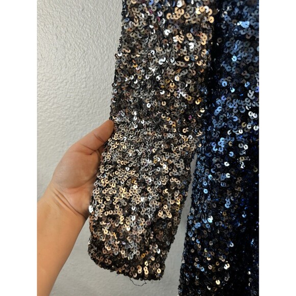 Alexia Admor dressy Blue Silver Ombré sequined DUSTER wrap Jacket cardigan Large - Picture 6 of 15